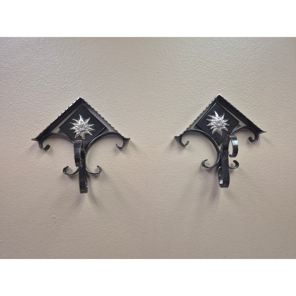 Vintage West Germany Edelweiss Wall Hooks Pair Black Metal Alpine Folk Decor Set